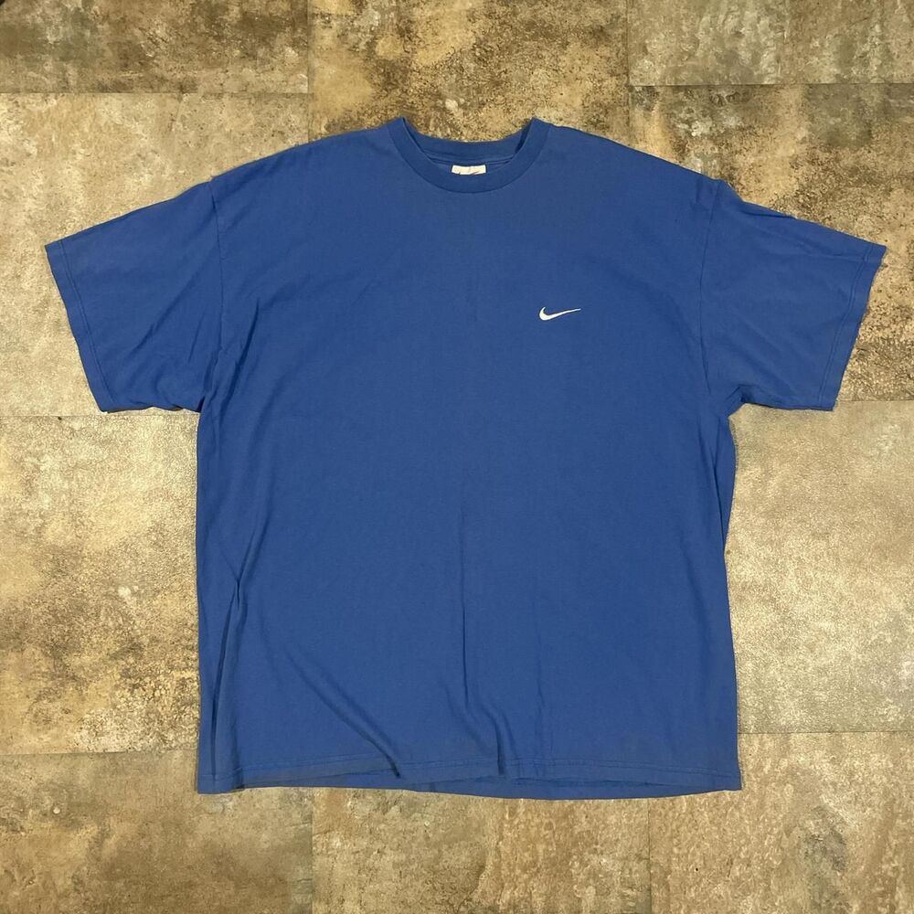 nike 1990s vintage blue embroidered white swoosh short sleeve t shirt